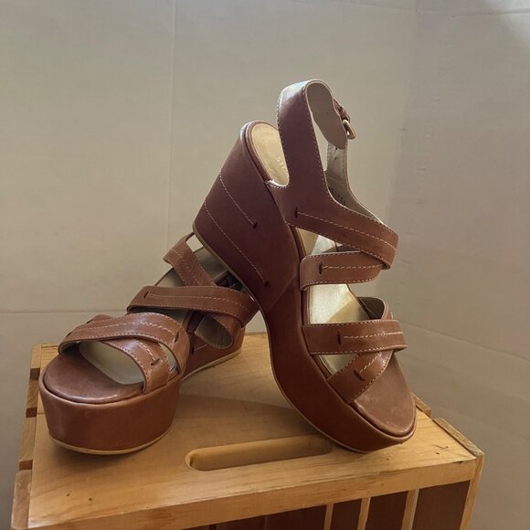 Stuart Weitzman Size 8.5 Brown Leather Strappy Slingback Wedge Heel Sandals - Picture 14 of 16